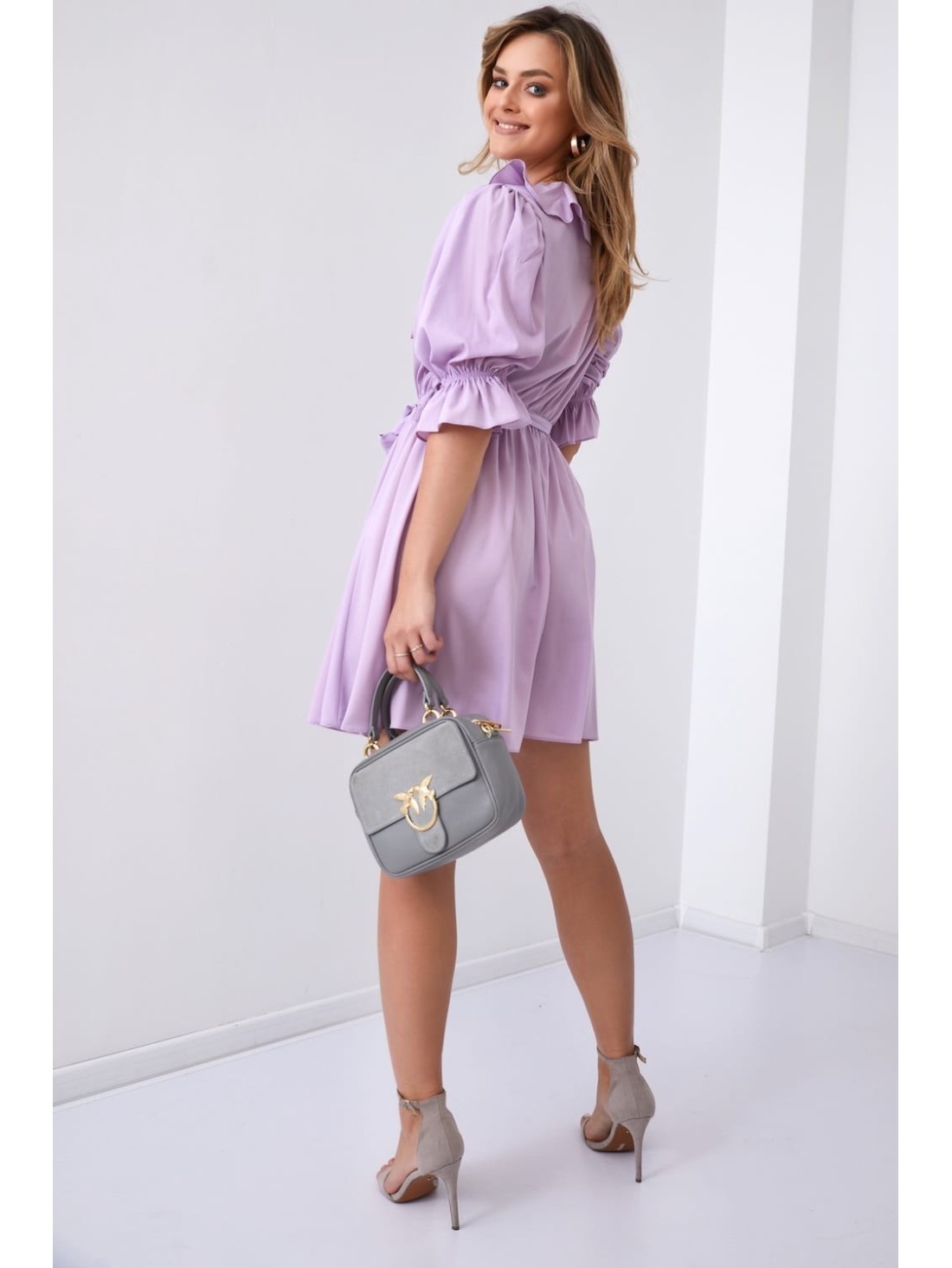 Subtle dress with ruffles at the neckline, lilac 30440 - Online store - Boutique